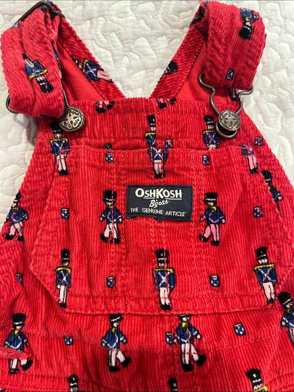OshKosh B'gosh Red Corduroy Overalls with Toy Soldier Print - Picture 2 of 4